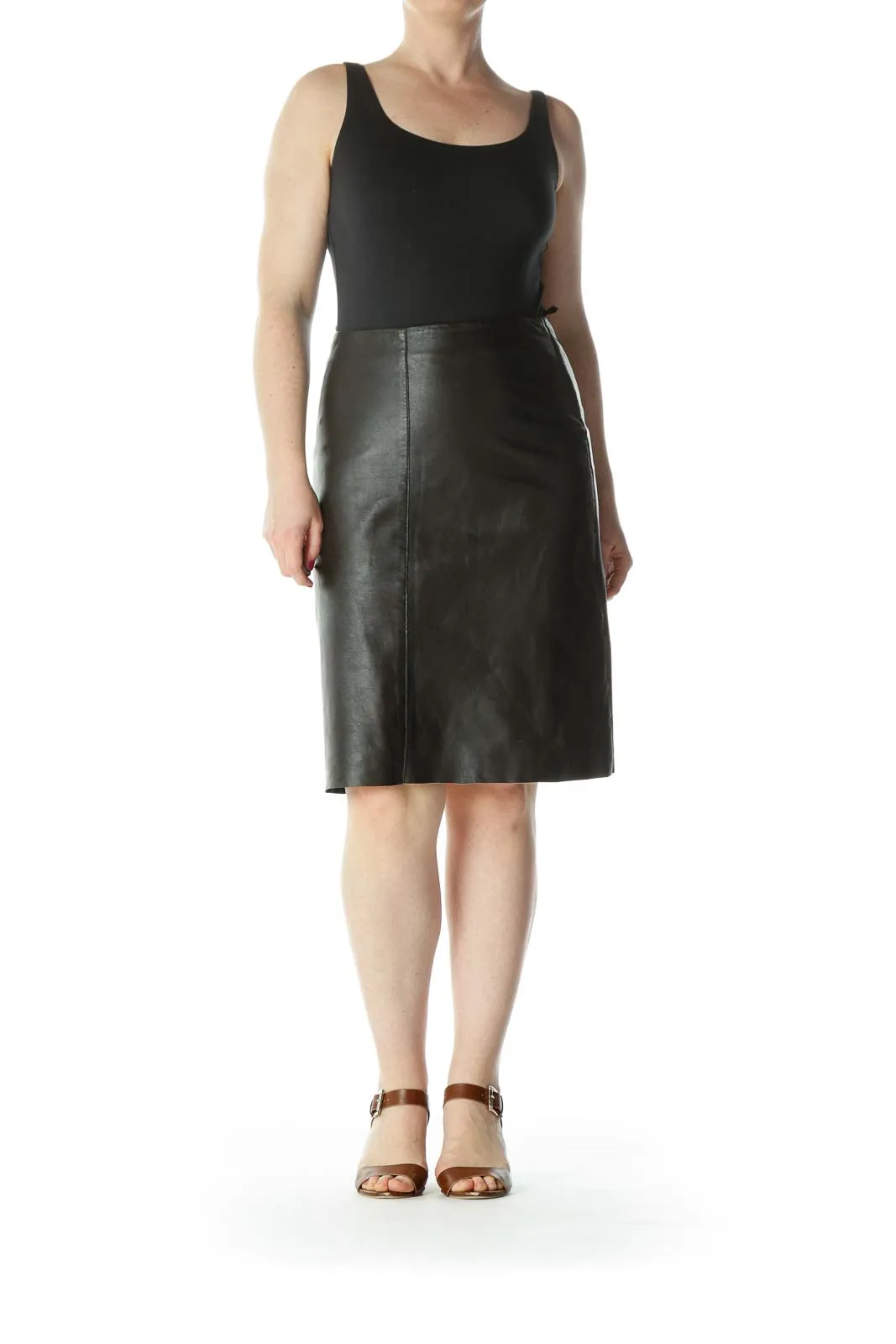 Dark-Brown Side-Zipper Mid-Length A-Line Lined Skirt