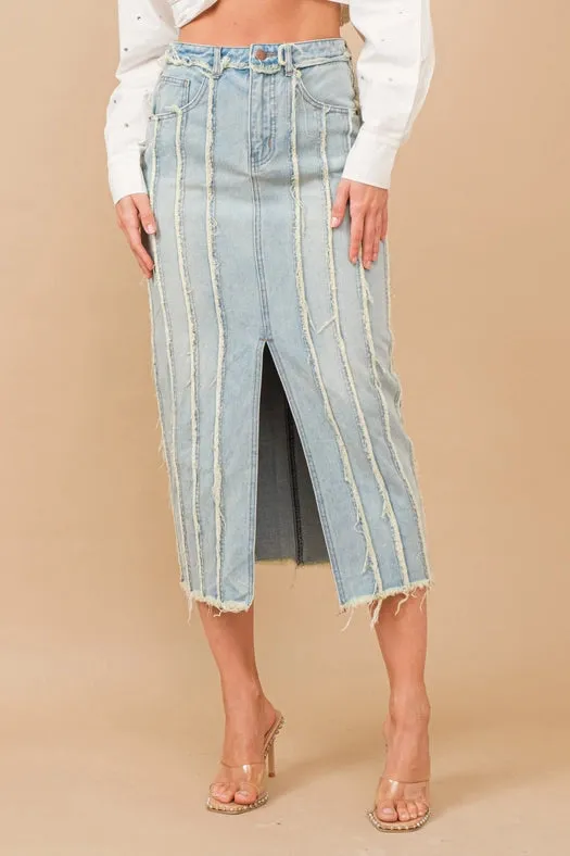 Distressed Seam Slit At Front Maxi Denim Skirt LIGHT WASH