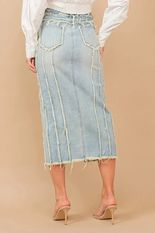 Distressed Seam Slit At Front Maxi Denim Skirt LIGHT WASH