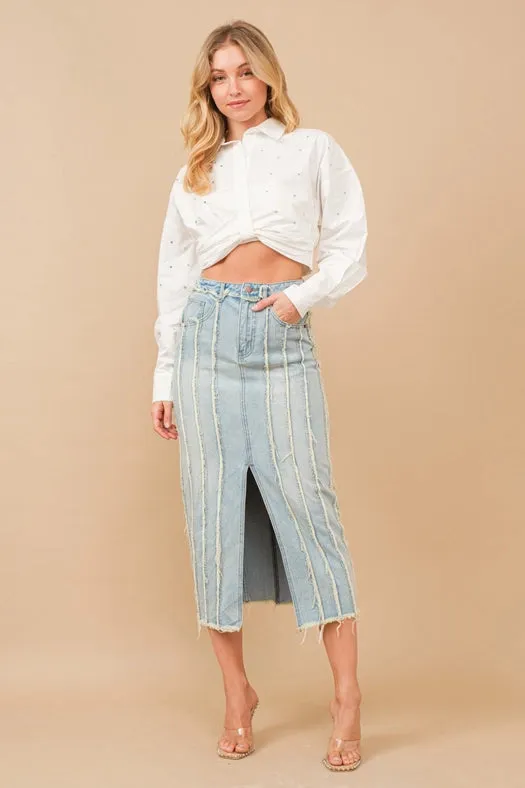 Distressed Seam Slit At Front Maxi Denim Skirt LIGHT WASH