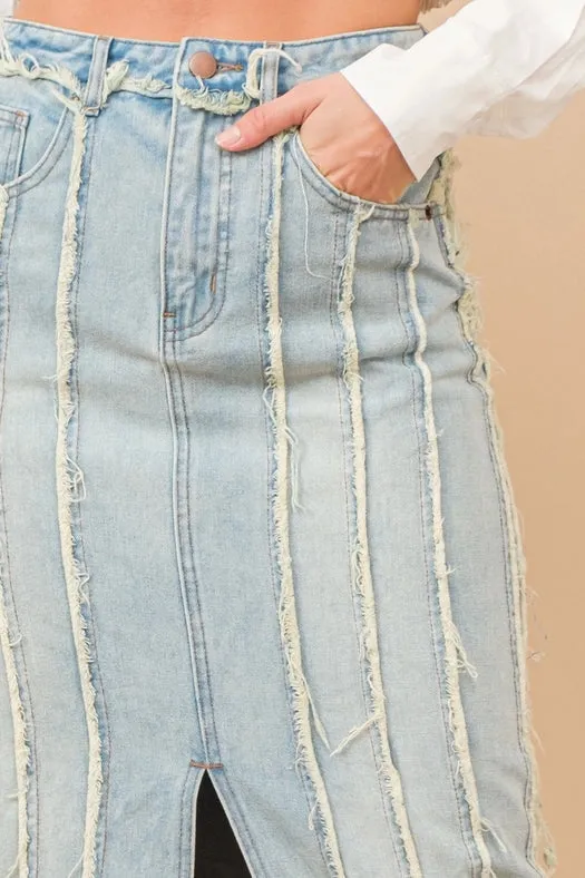 Distressed Seam Slit At Front Maxi Denim Skirt LIGHT WASH