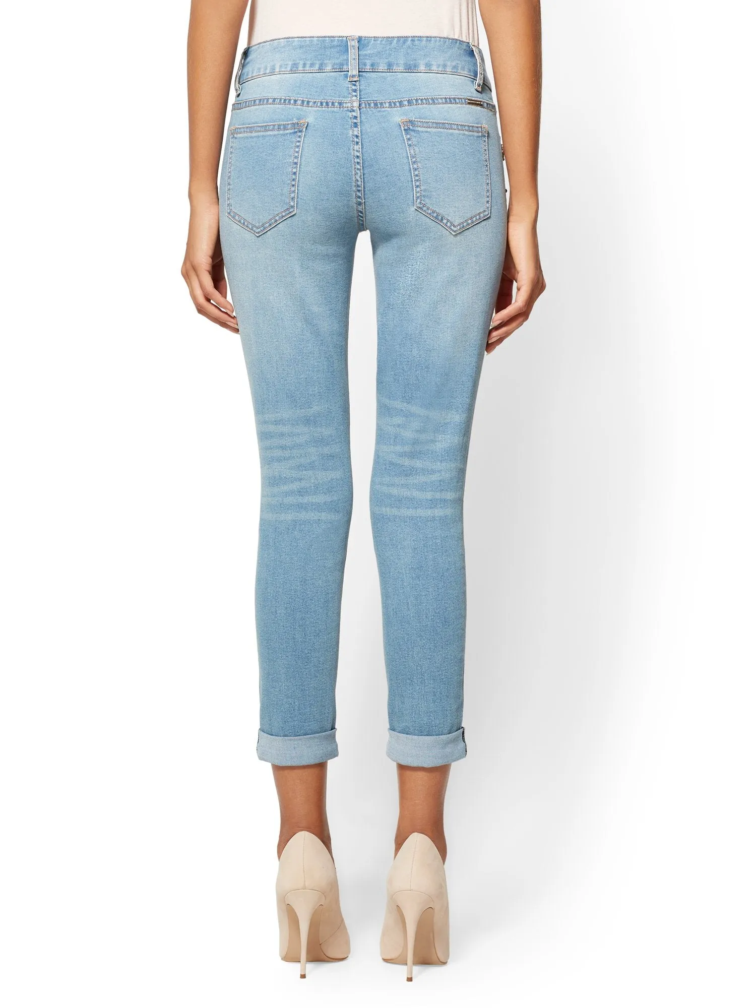 Embellished Destroyed Boyfriend Jeans - Medium Blue