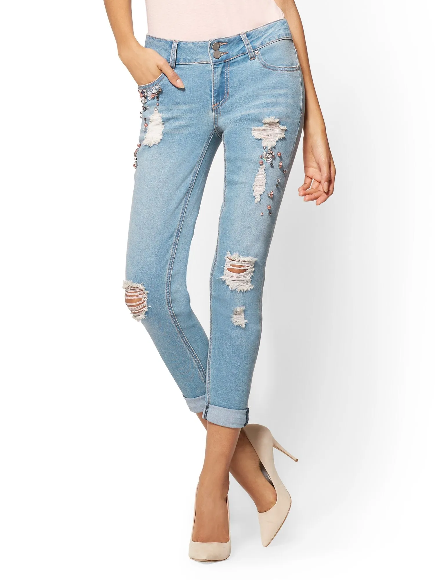 Embellished Destroyed Boyfriend Jeans - Medium Blue