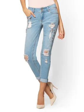 Embellished Destroyed Boyfriend Jeans - Medium Blue