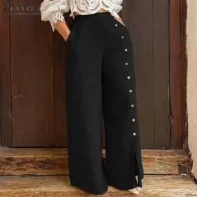 Femme Casual Wide Leg Pants Spring Women Elastic Loose Trousers Work Palazzo Solid Fashion Buttons Pantalon Oversize S4075654