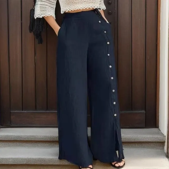 Femme Casual Wide Leg Pants Spring Women Elastic Loose Trousers Work Palazzo Solid Fashion Buttons Pantalon Oversize S4075654