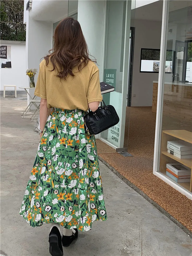 Floral Pleated High Waist A-Line Skirt