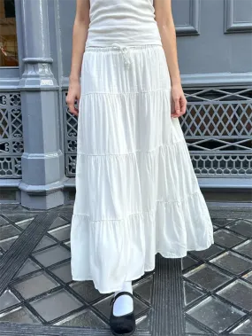 Girlary Folds Lace-up White Maxi Skirts Woman Summer High Waist A-line Loose Faldas Casual Simple Preppy Style Sweet Cute Long Skirt