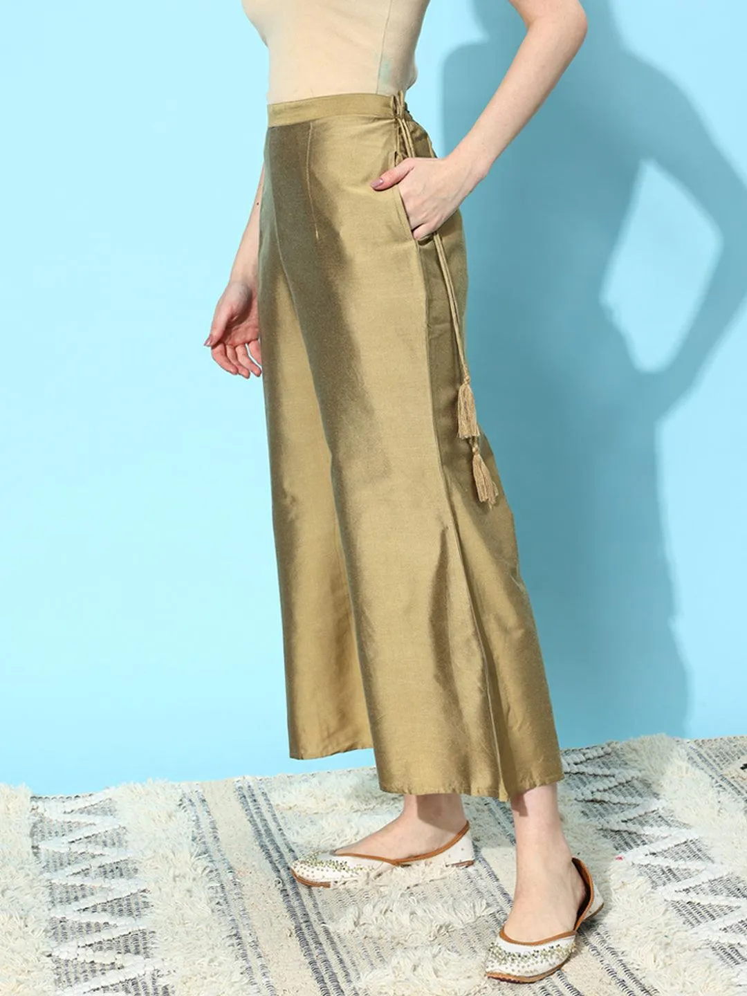 Gold Solid Silk Palazzos