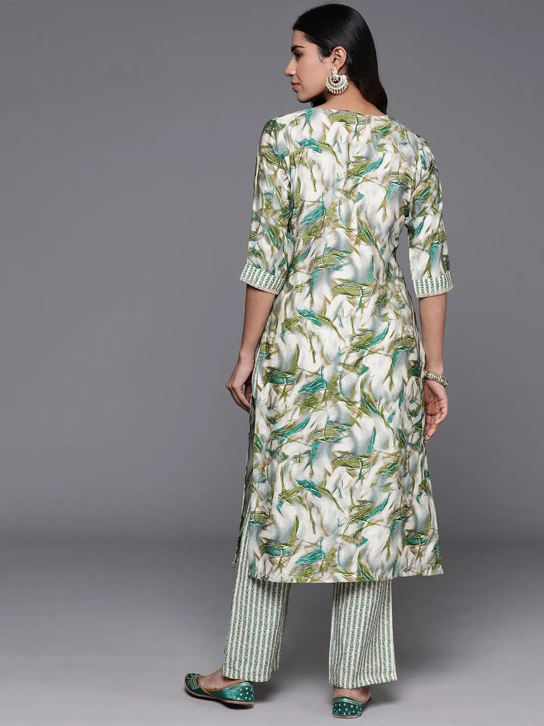 Green Printed Silk Blend Straight Kurta Set