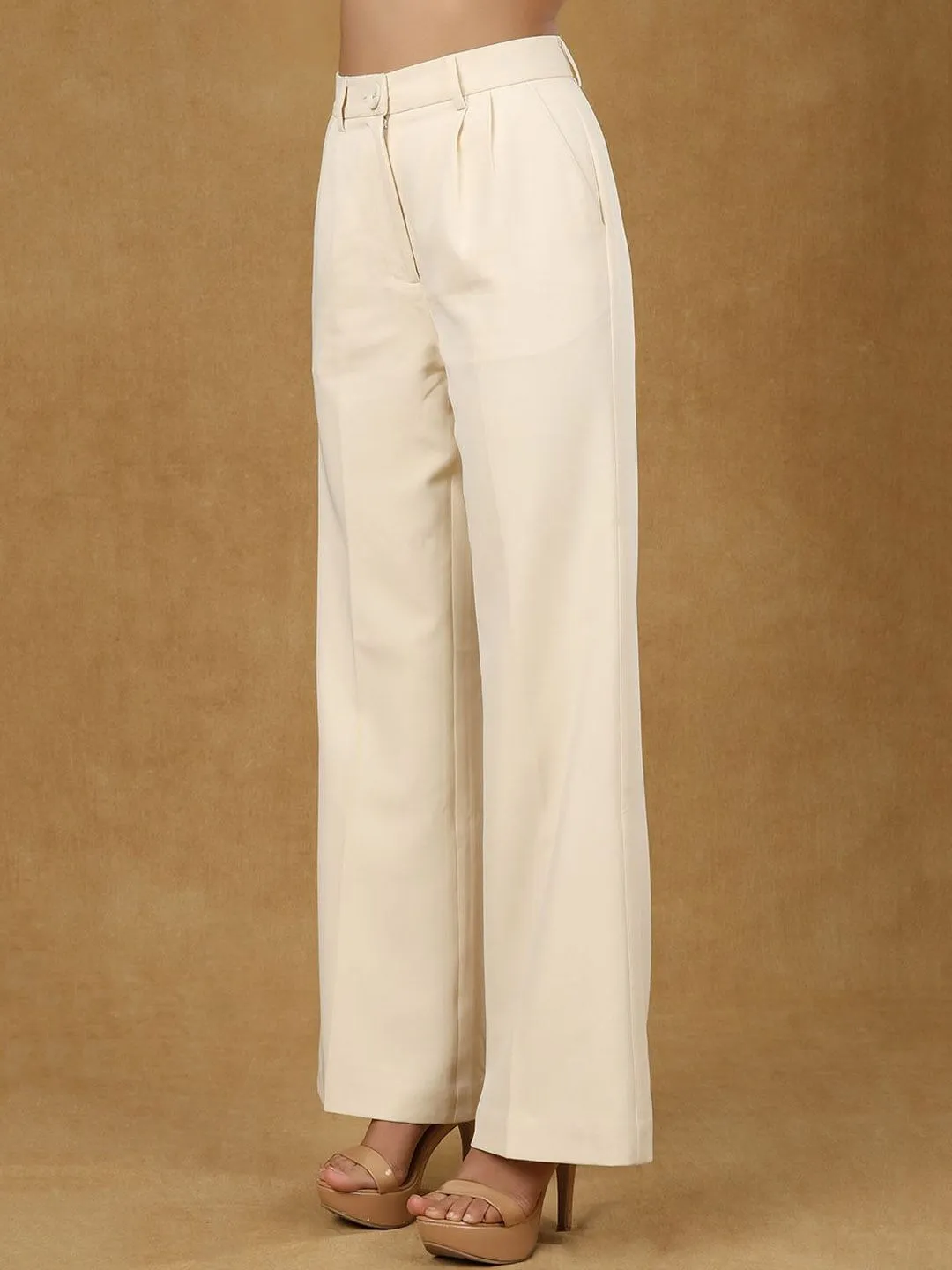 Ivory Pleated High Waist Wide Leg Trouser