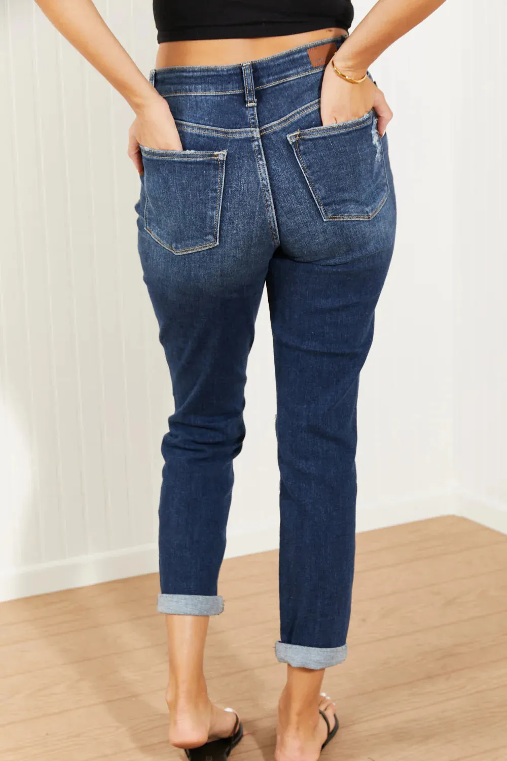 Judy Blue High Waist Dark Wash Distressed Boyfriend Jeans