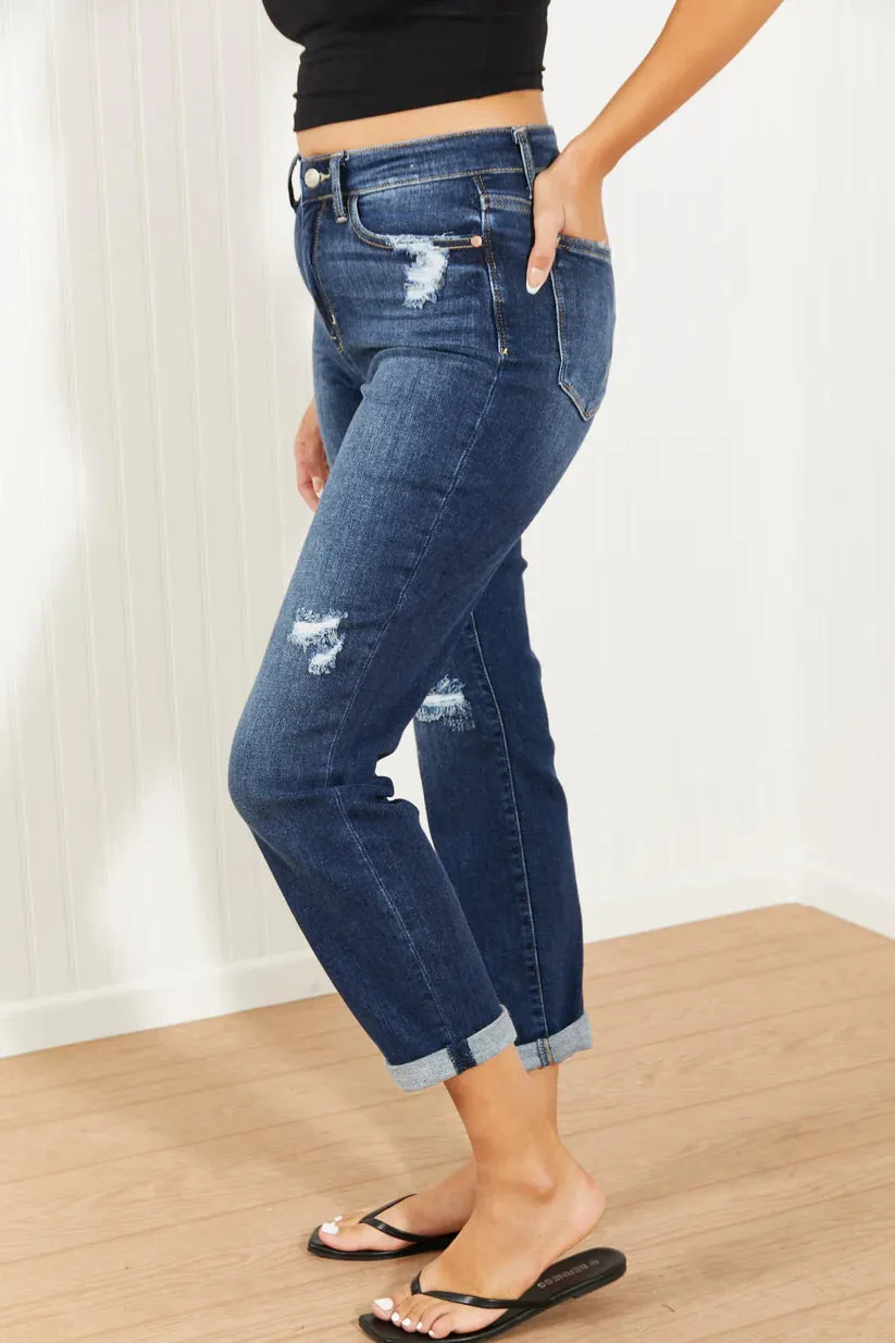 Judy Blue High Waist Dark Wash Distressed Boyfriend Jeans