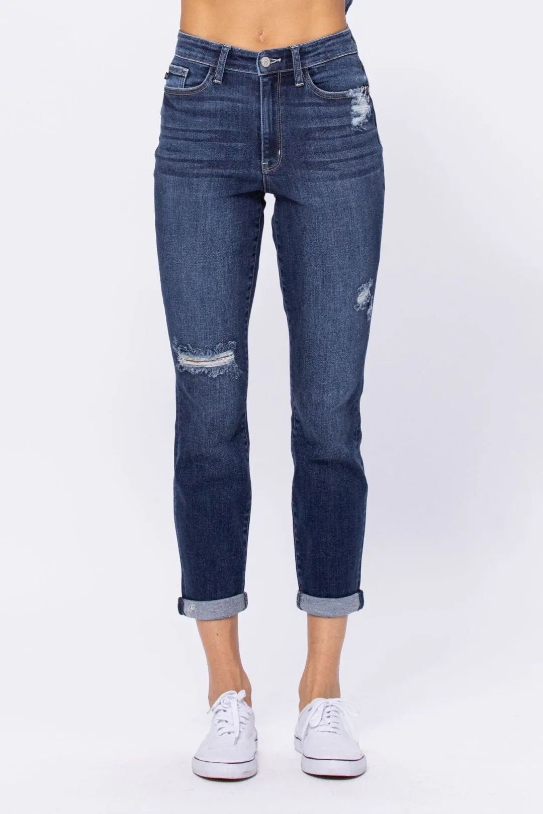 Judy Blue High Waist Dark Wash Distressed Boyfriend Jeans