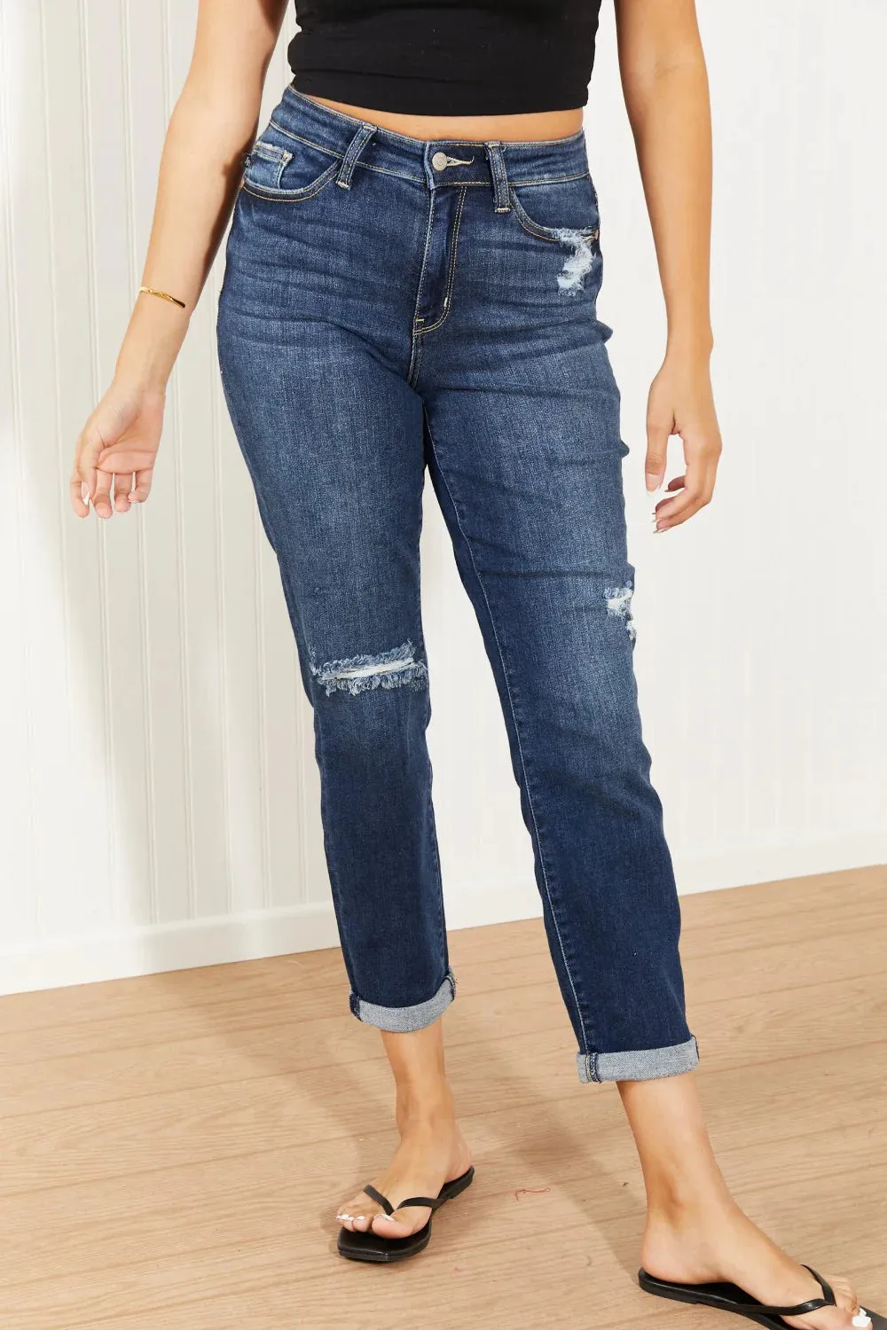 Judy Blue High Waist Dark Wash Distressed Boyfriend Jeans