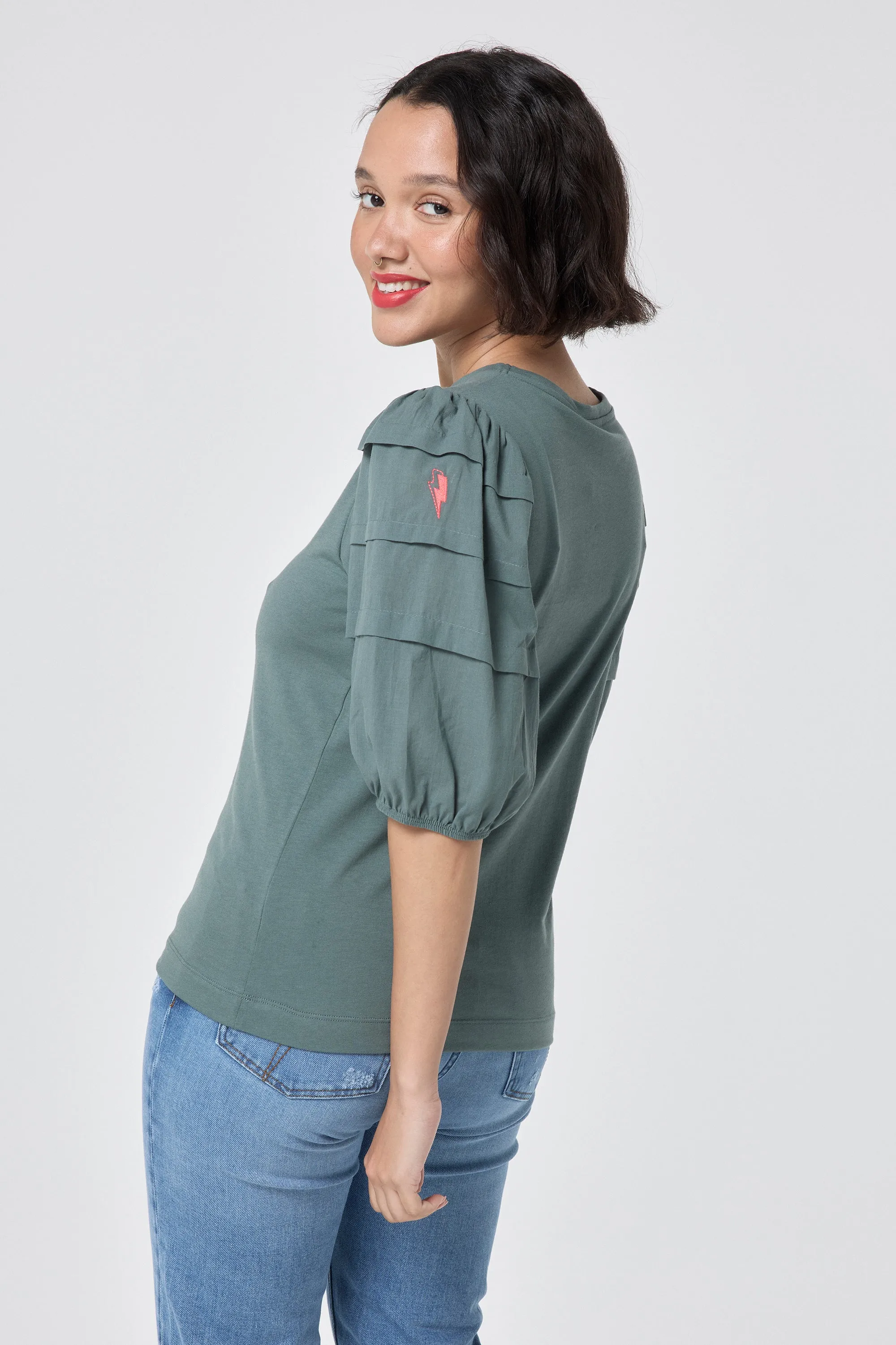 Khaki Pintuck Sleeve T-Shirt