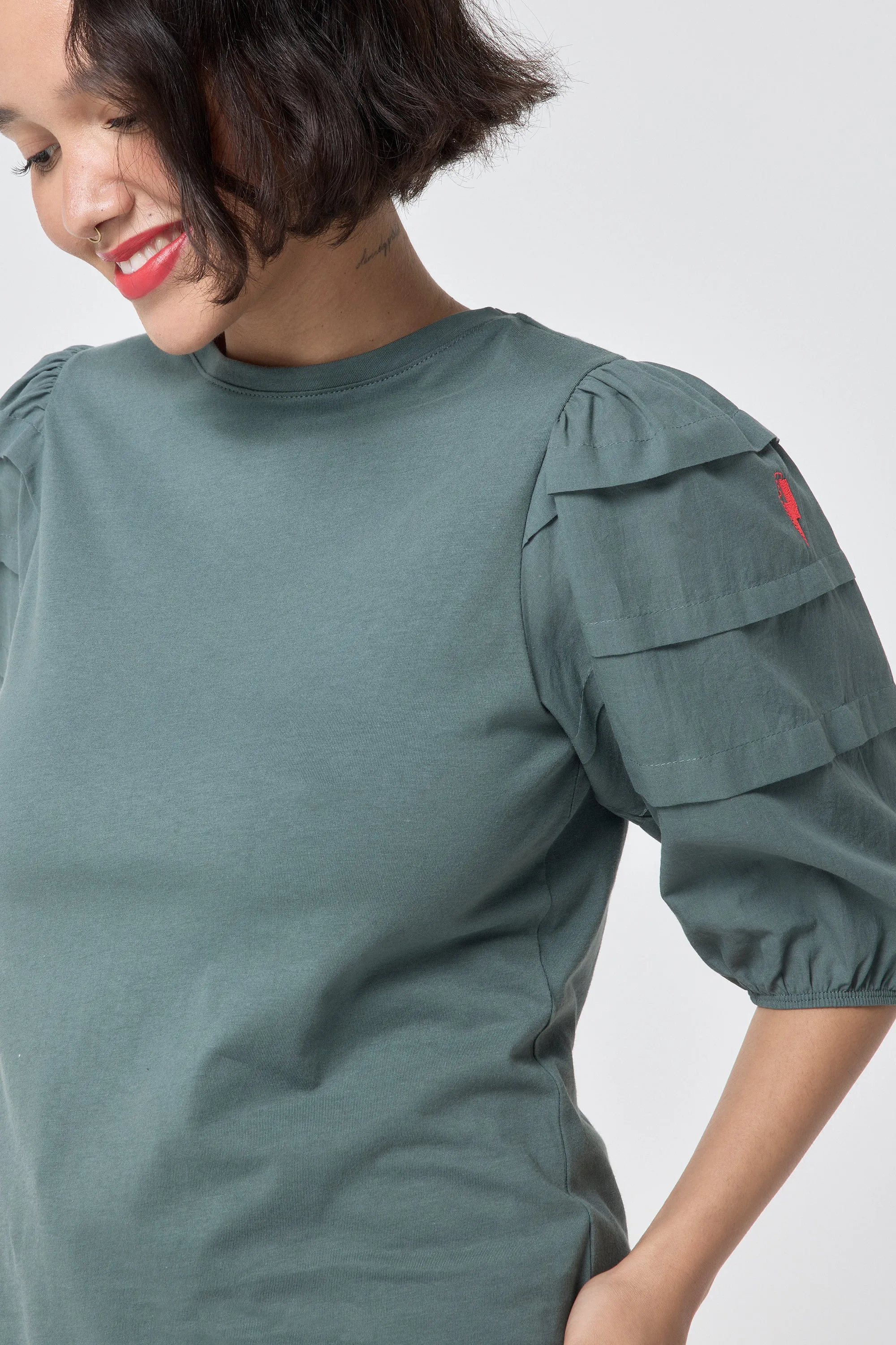 Khaki Pintuck Sleeve T-Shirt