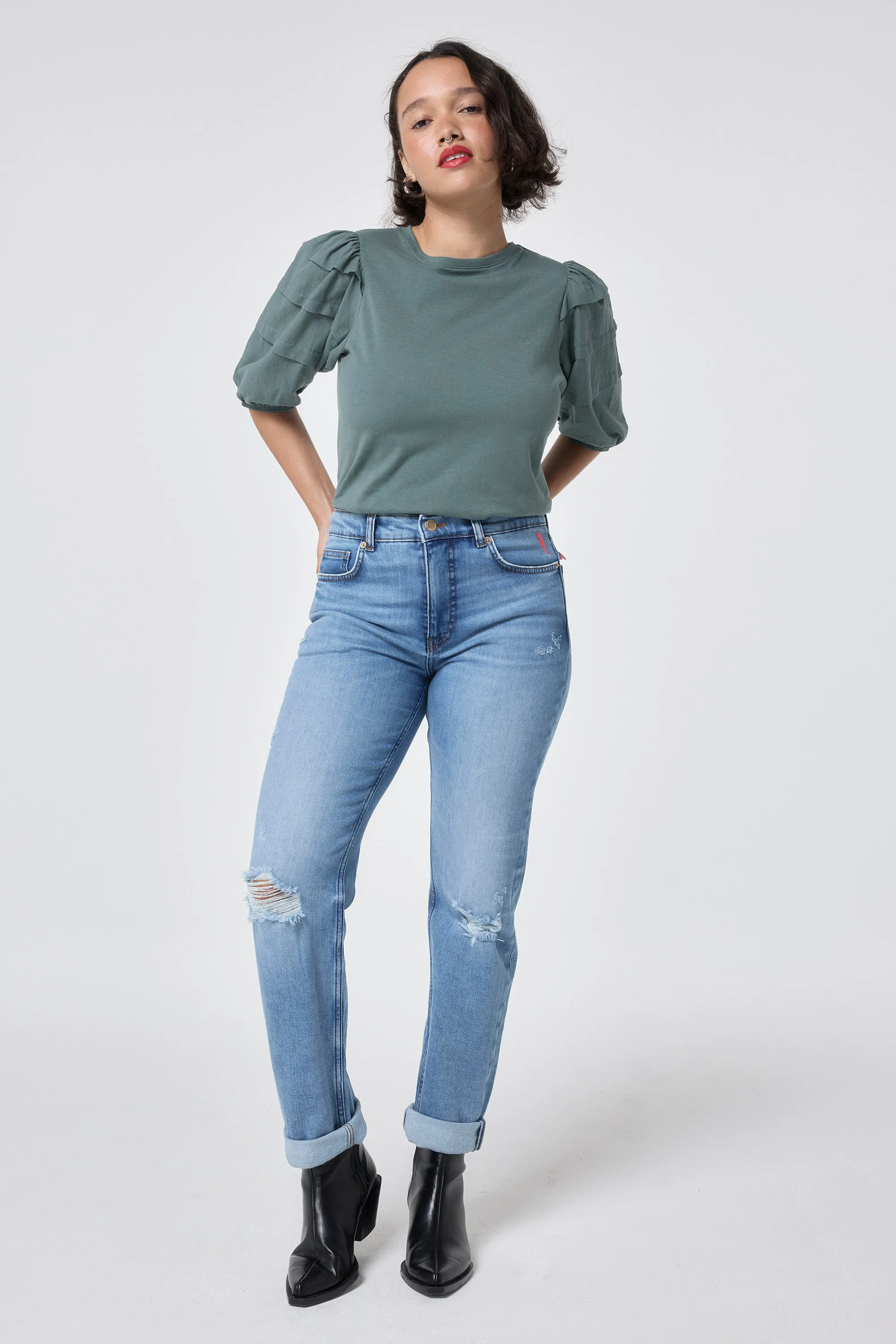 Khaki Pintuck Sleeve T-Shirt