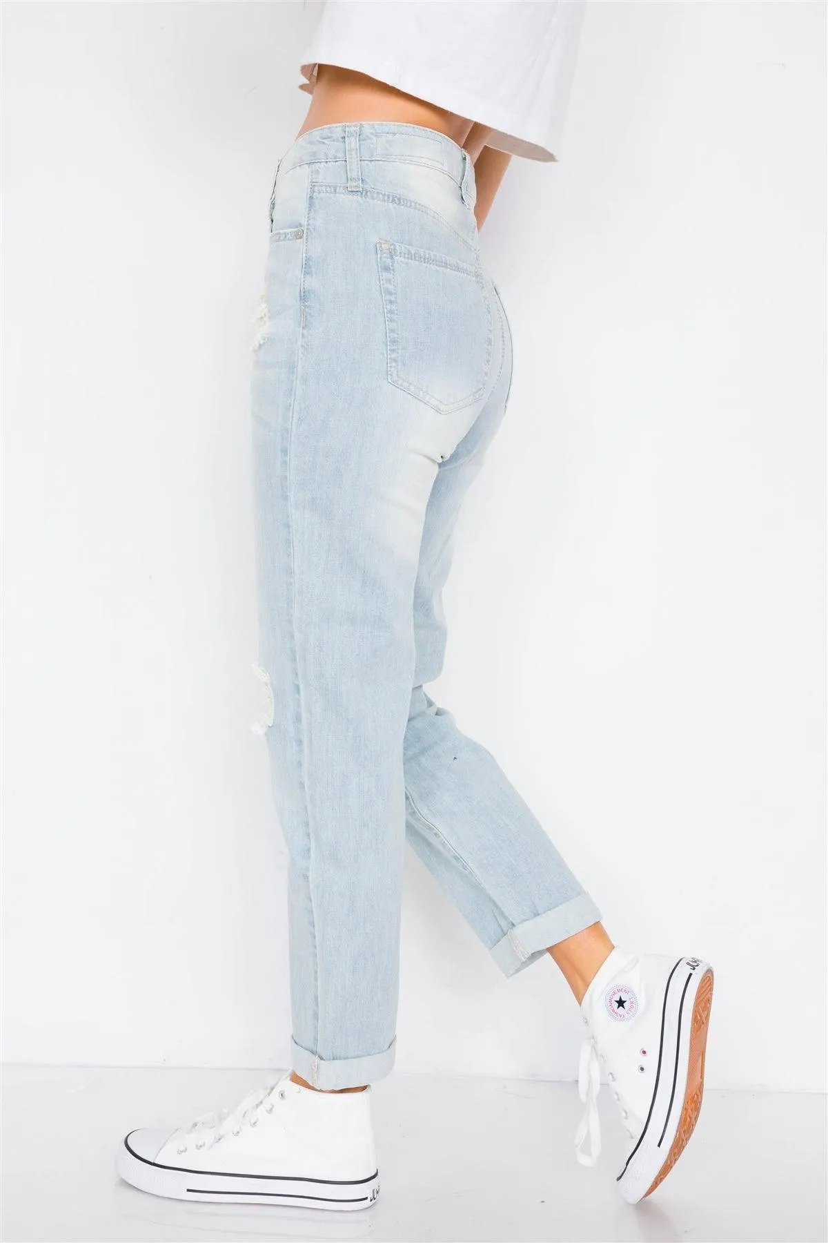 Light Denim Distressed Wide Leg Boyfriend Jeans /2-2-1