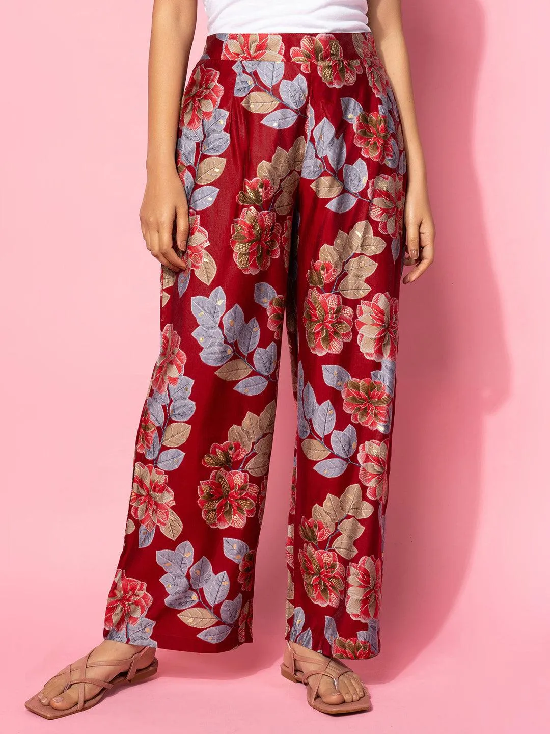 Maroon Printed Silk Blend Co-Ords