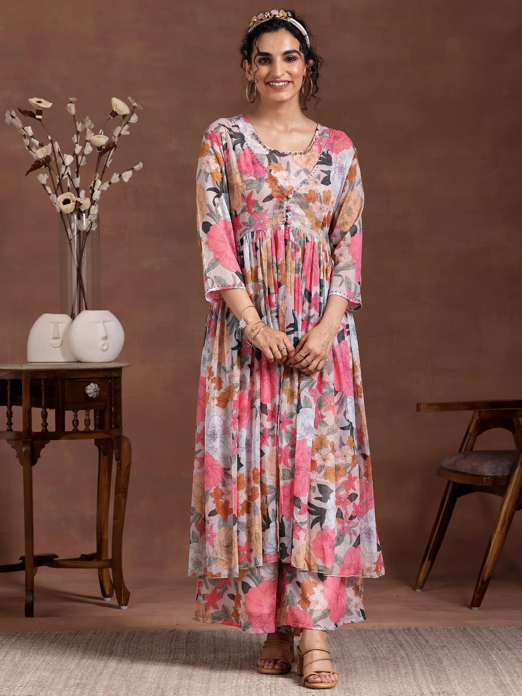 Multicoloured Printed Chiffon 3 Piece Co-Ords