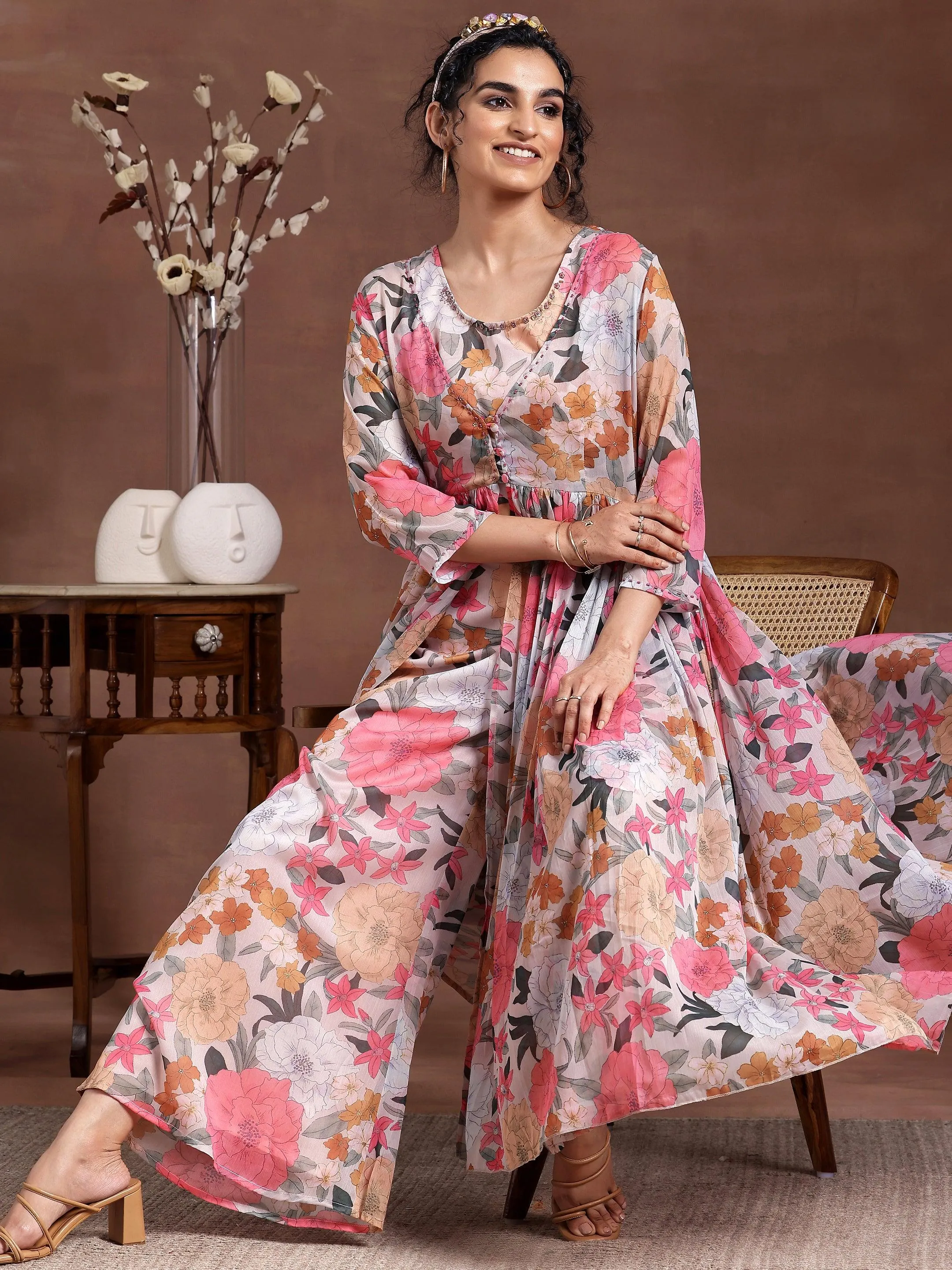 Multicoloured Printed Chiffon 3 Piece Co-Ords