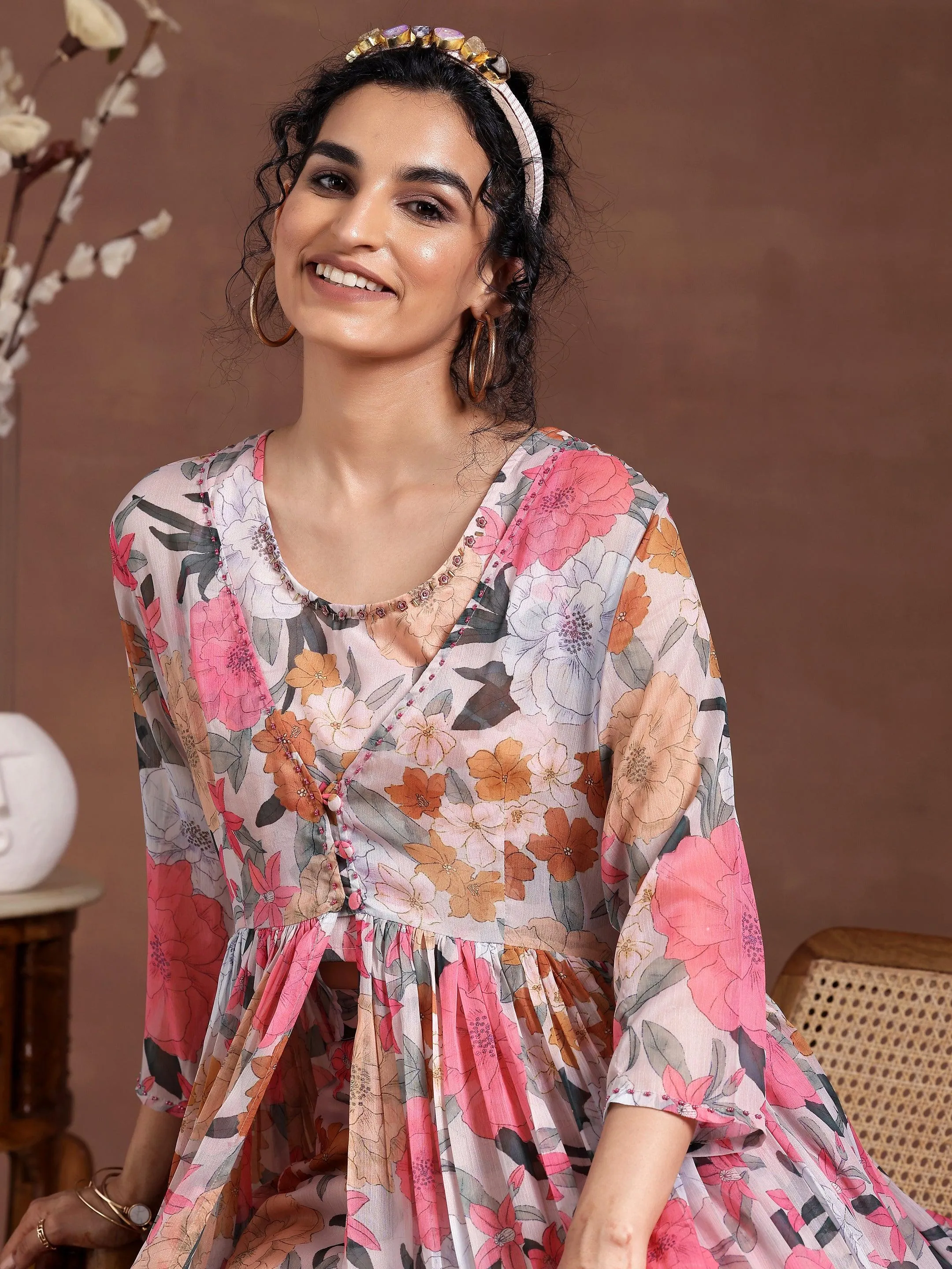 Multicoloured Printed Chiffon 3 Piece Co-Ords