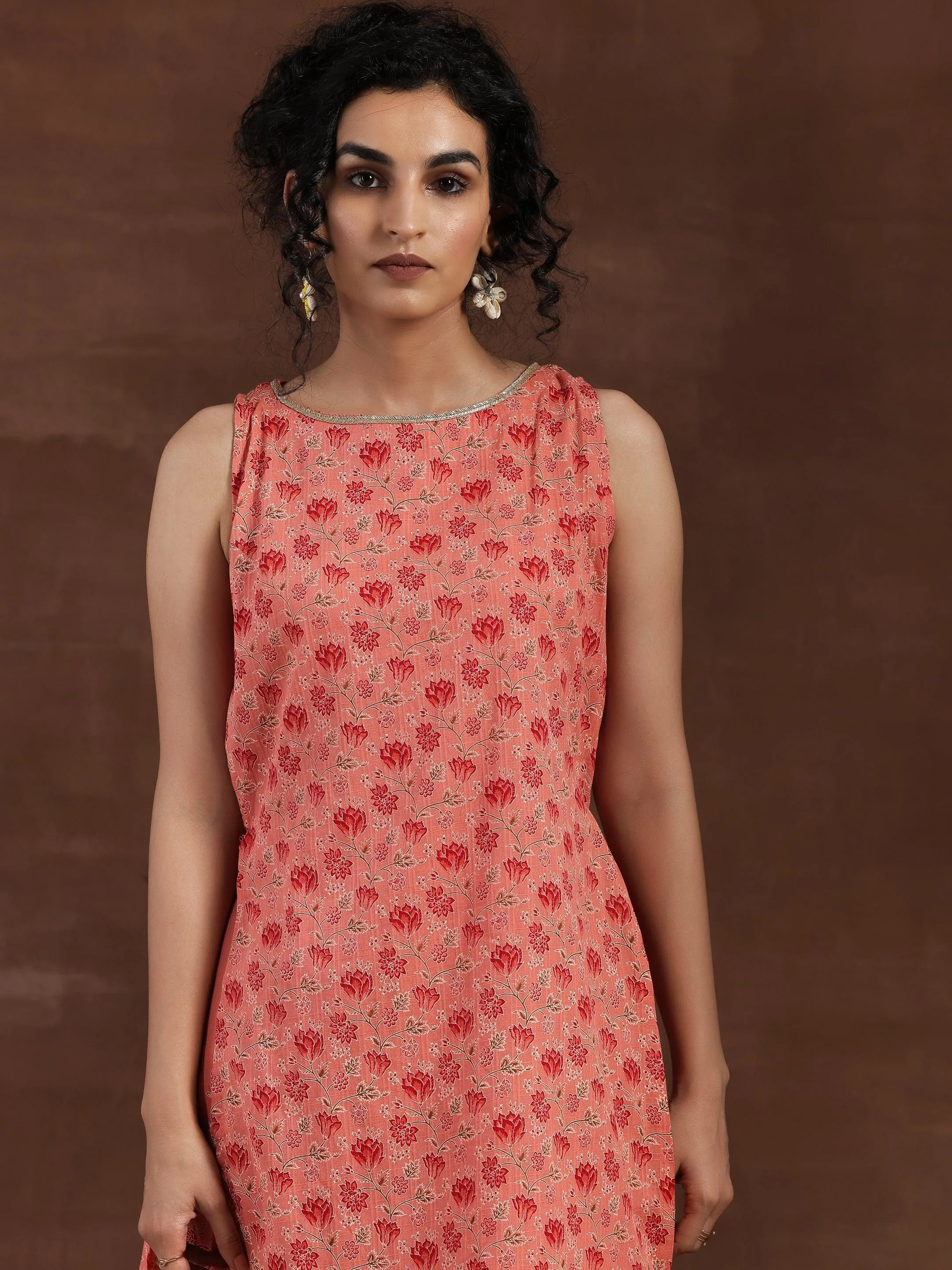 Peach Printed Cotton Straight Kurta Set