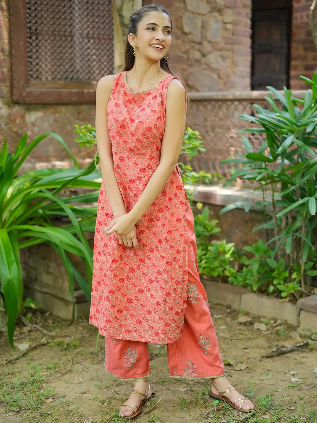 Peach Printed Cotton Straight Kurta Set