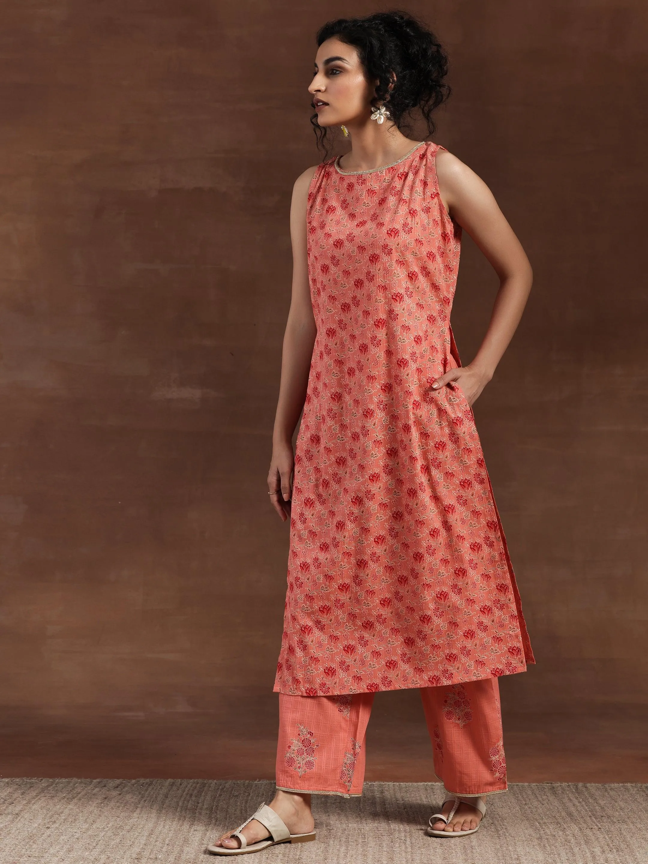 Peach Printed Cotton Straight Kurta Set