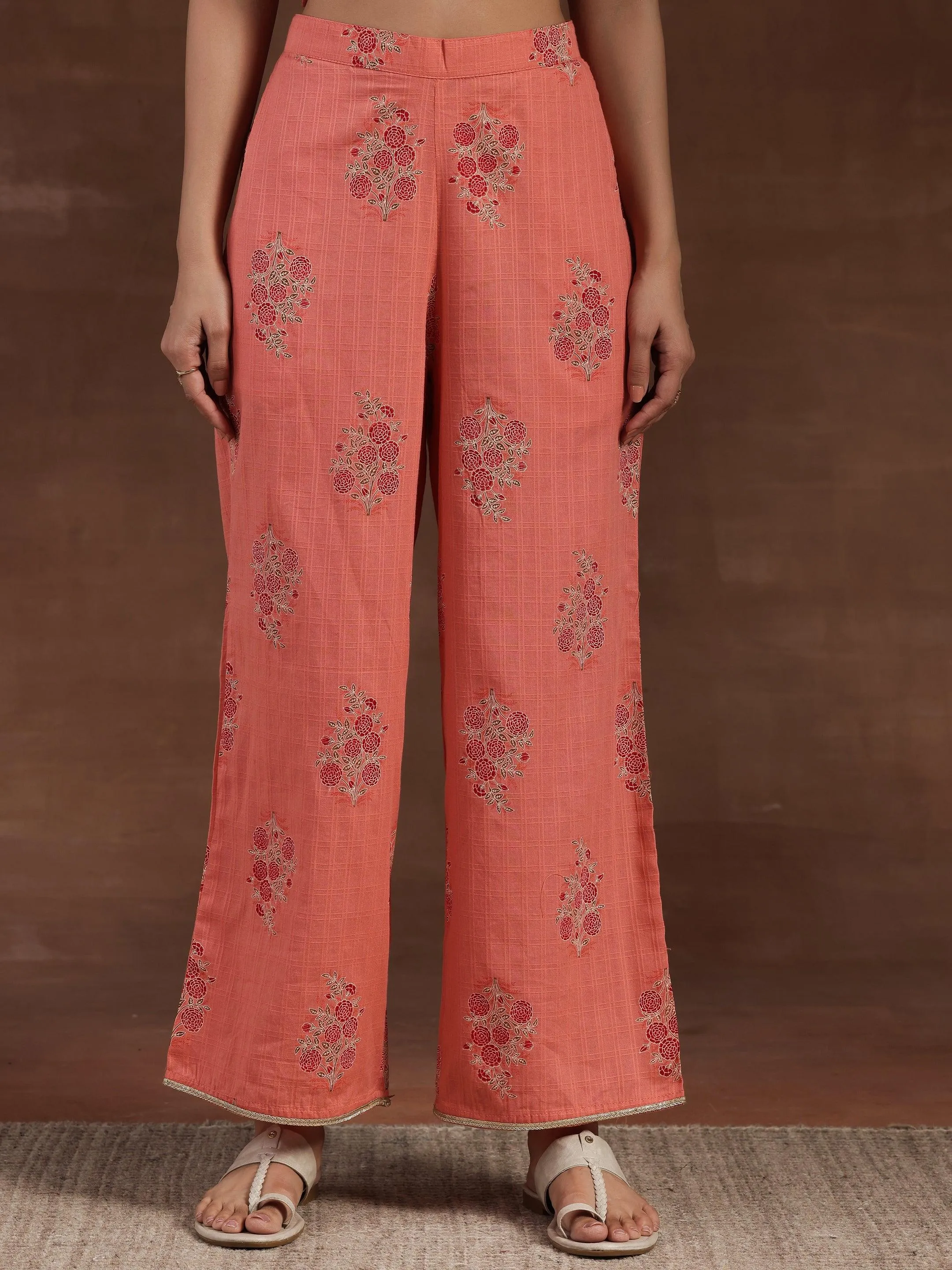 Peach Printed Cotton Straight Kurta Set