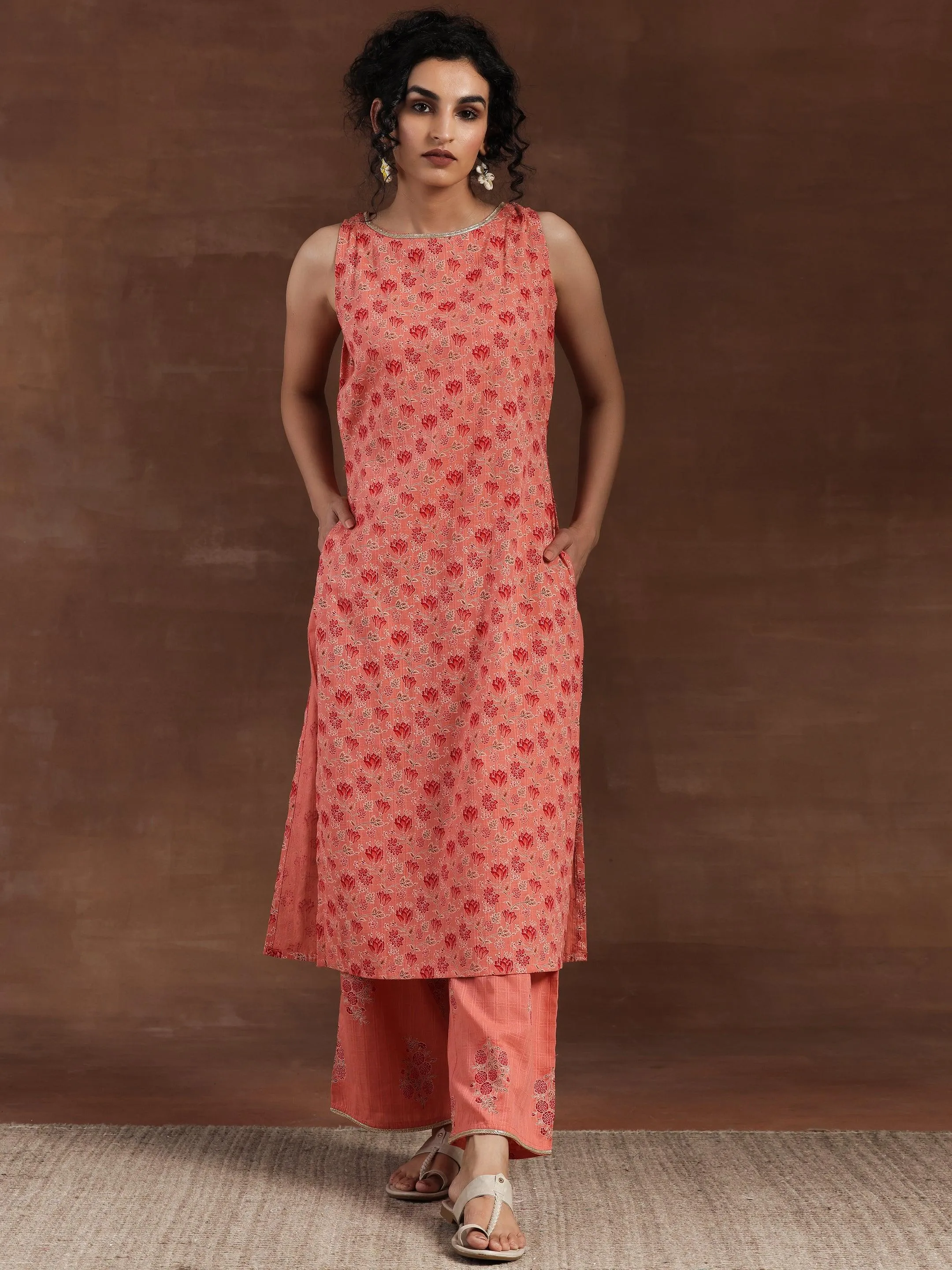 Peach Printed Cotton Straight Kurta Set