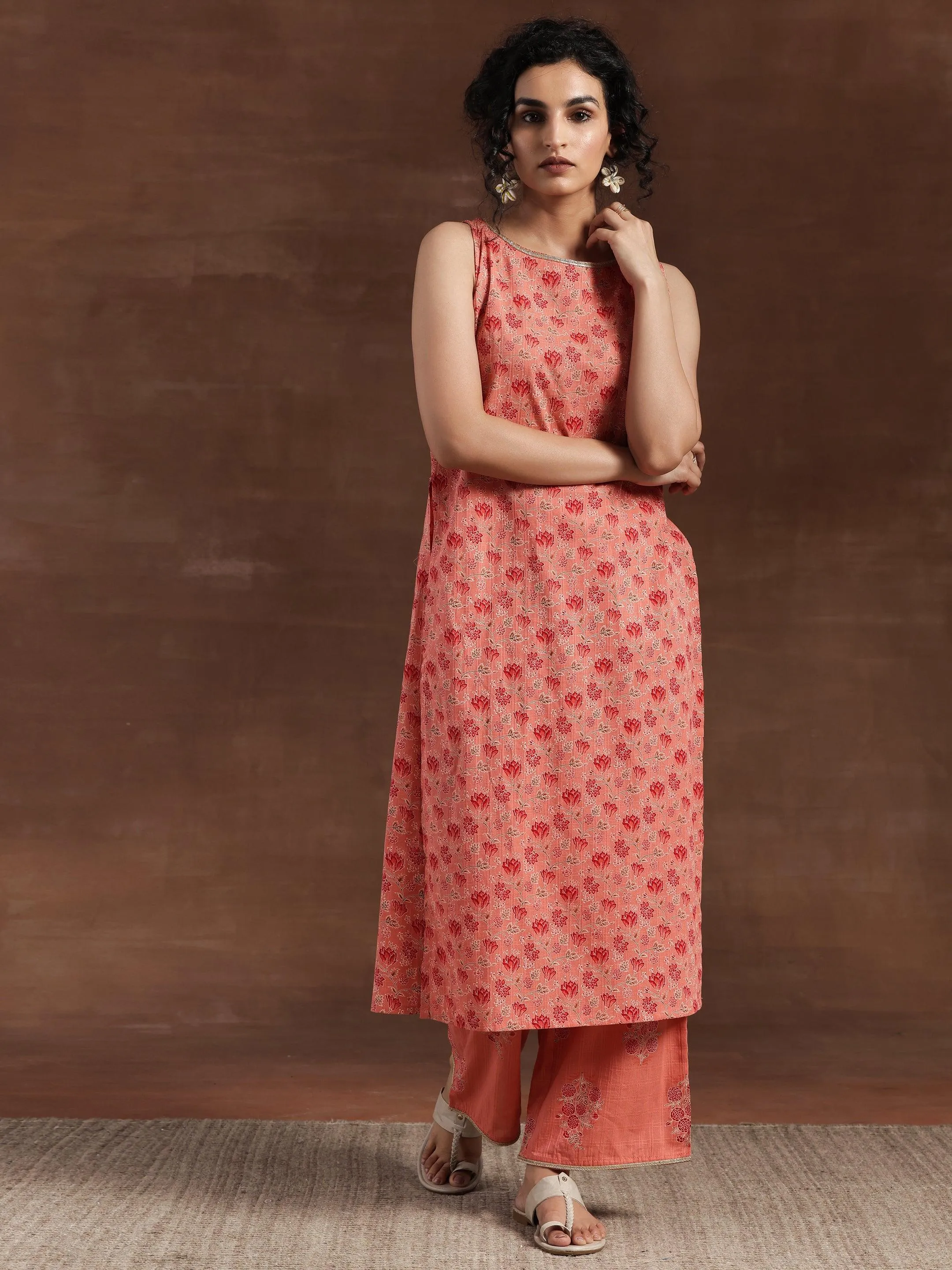 Peach Printed Cotton Straight Kurta Set