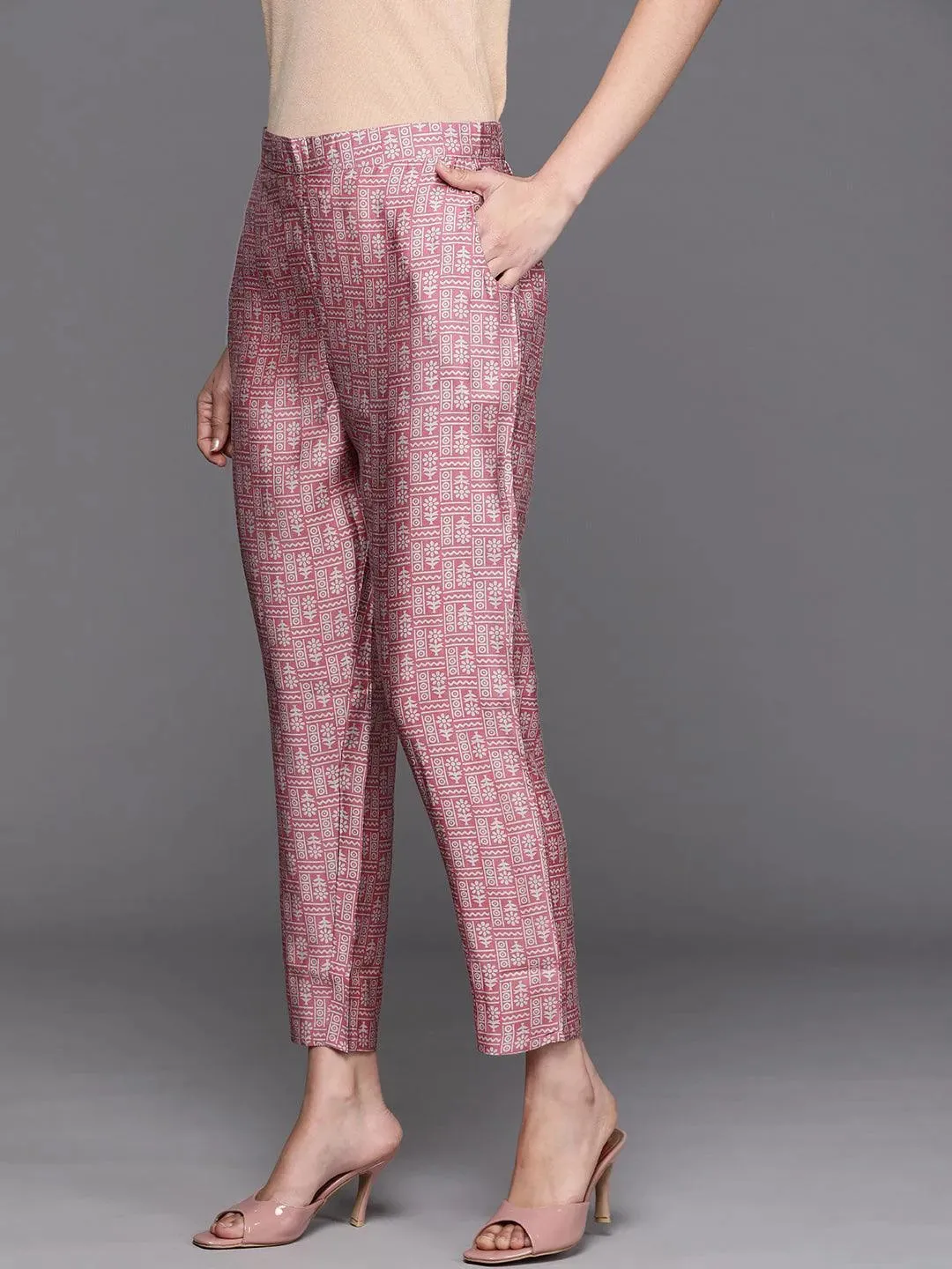 Pink Printed Silk Blend Trousers