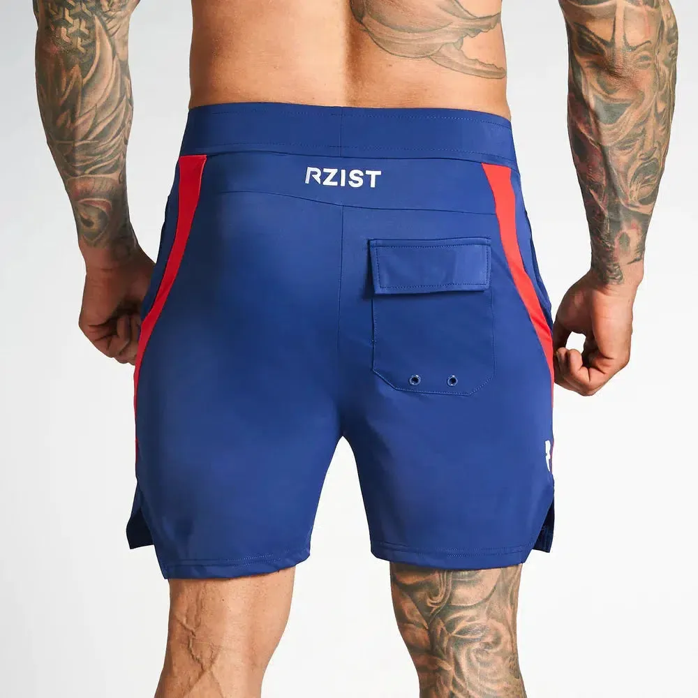 RZIST NEVER SETTLE MEN'S COMPETITION BOARD SHORTS NAVY BLUE