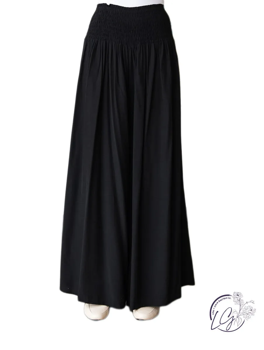 Smocked Elegance Wide-Leg Trousers