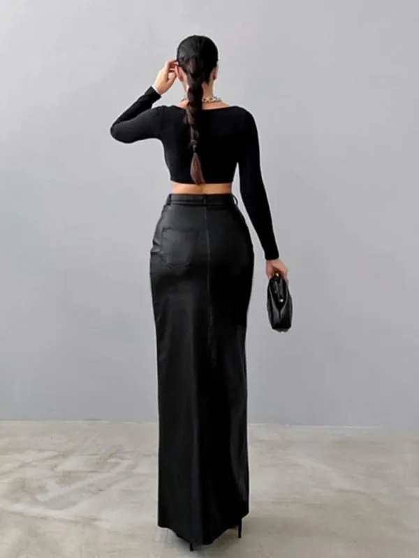 Trendy Faux Leather Maxi Skirt with Side Slit