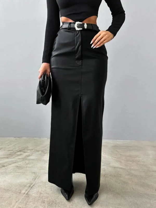 Trendy Faux Leather Maxi Skirt with Side Slit