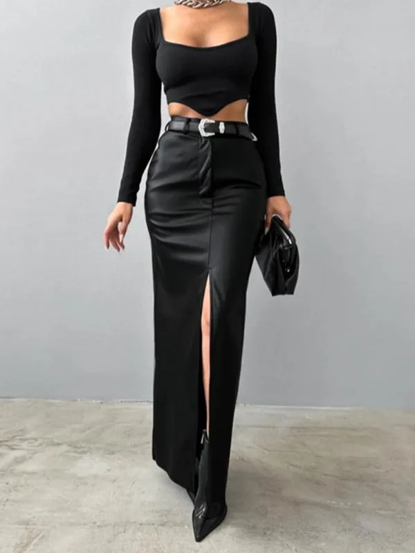 Trendy Faux Leather Maxi Skirt with Side Slit