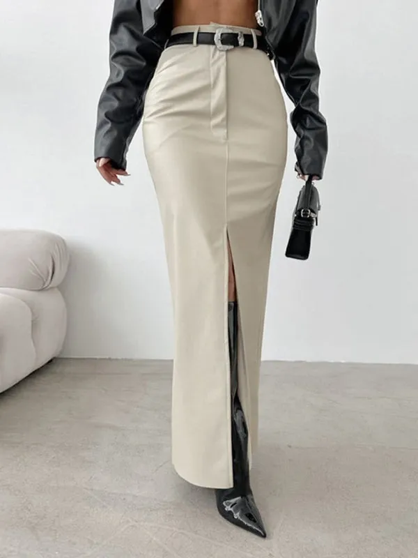 Trendy Faux Leather Maxi Skirt with Side Slit