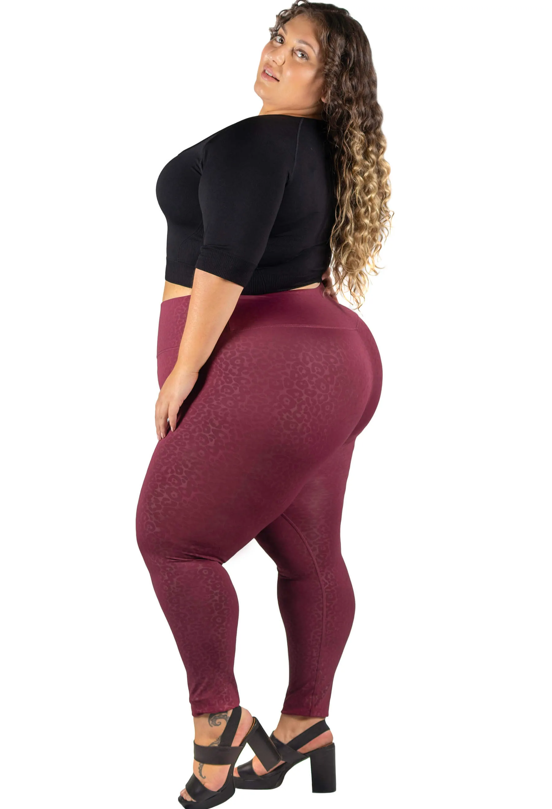 V-Waist Faux Leather Booty Sculpting   High Waisted Black & Burgundy Leopard Print Leggings - 3 PACK