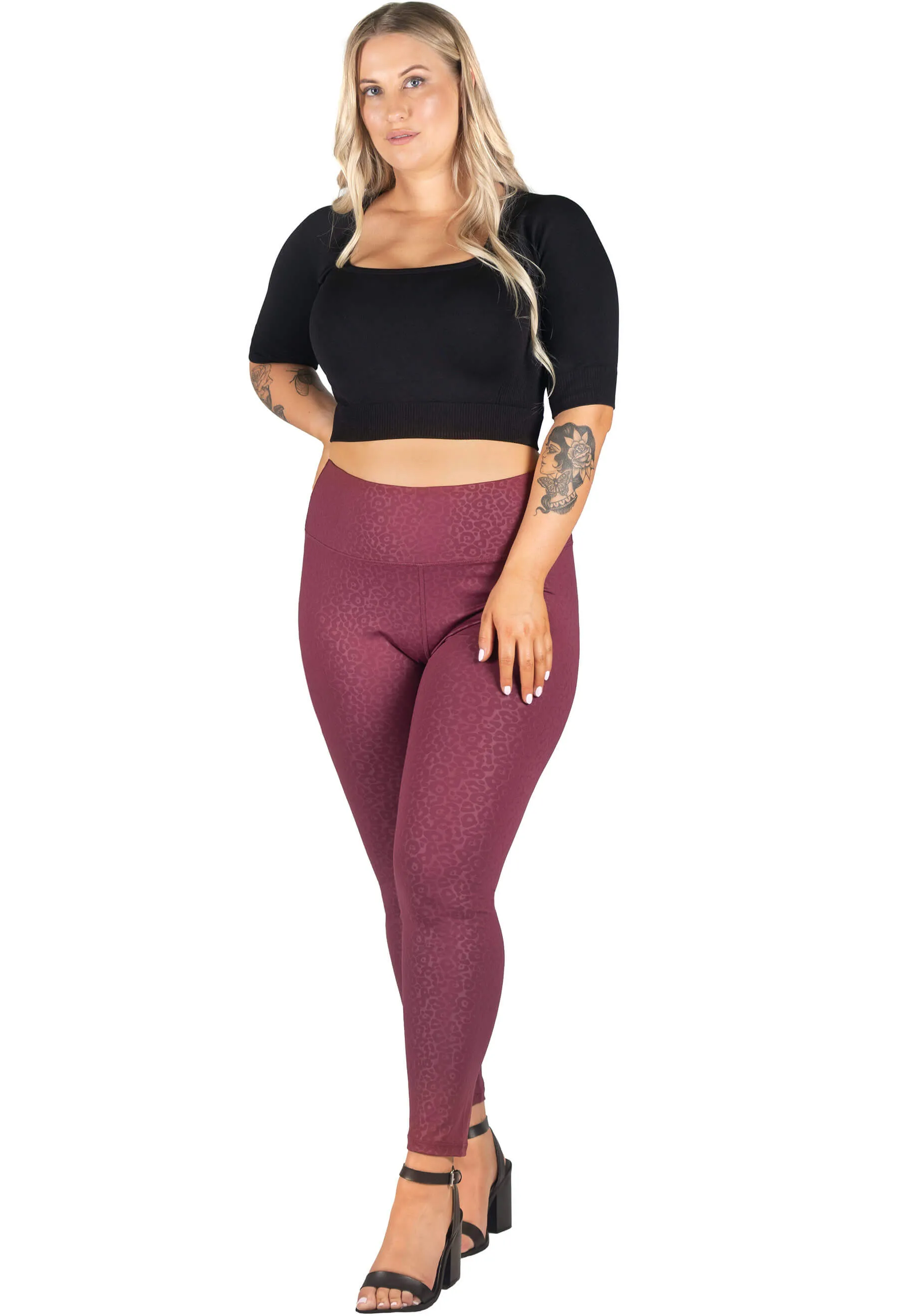 V-Waist Faux Leather Booty Sculpting   High Waisted Black & Burgundy Leopard Print Leggings - 3 PACK