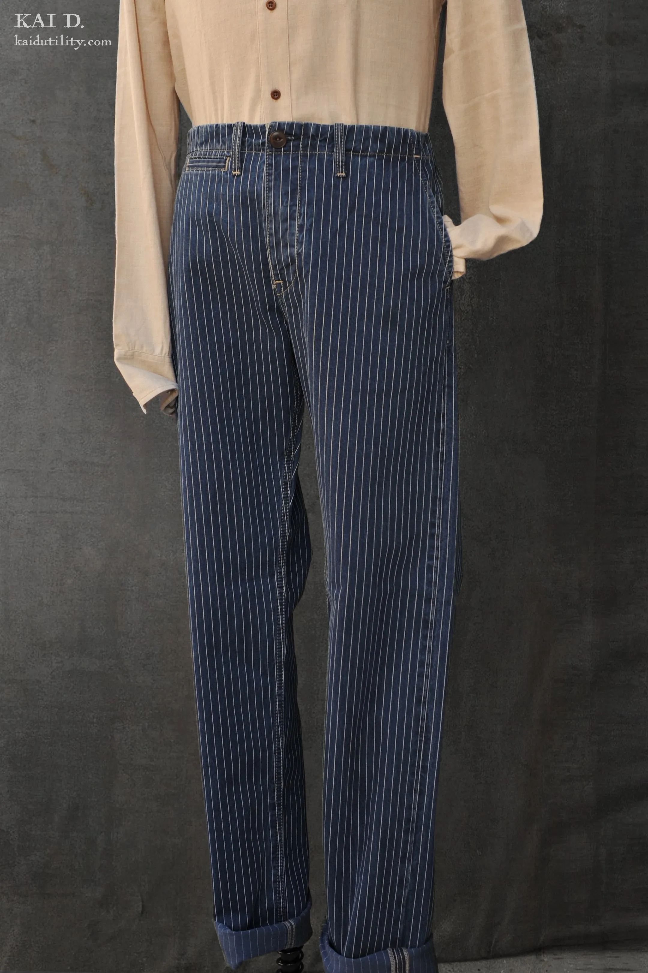 Wabash Stripe Cotton Trousers - Dark indigo - 30, 34, 36