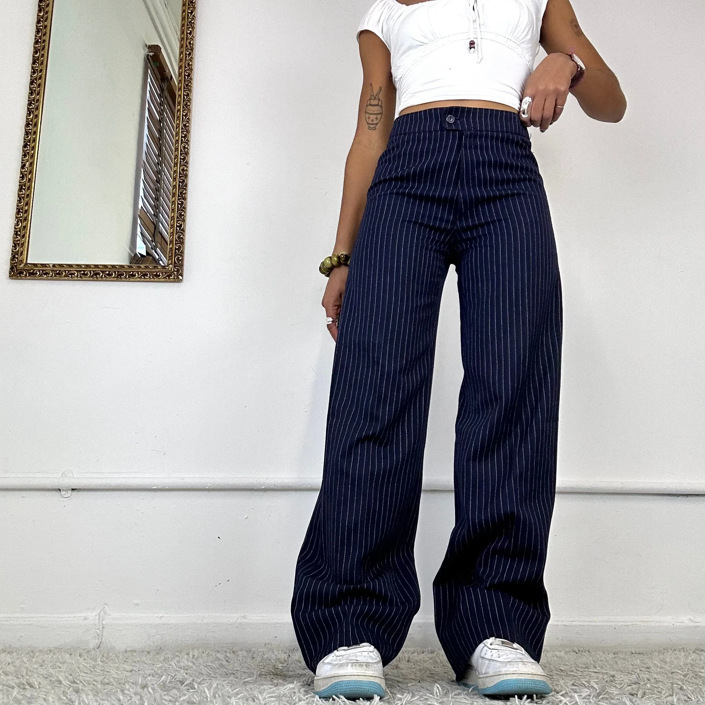 wide leg pinstripe trousers