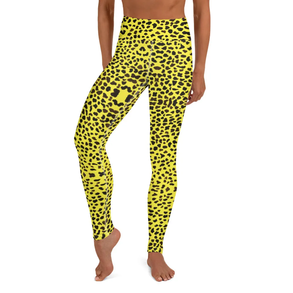 Yellow Cheetah Print Yoga Leggings, Luxury Designer Colorful Animal Print Women's Long Tights