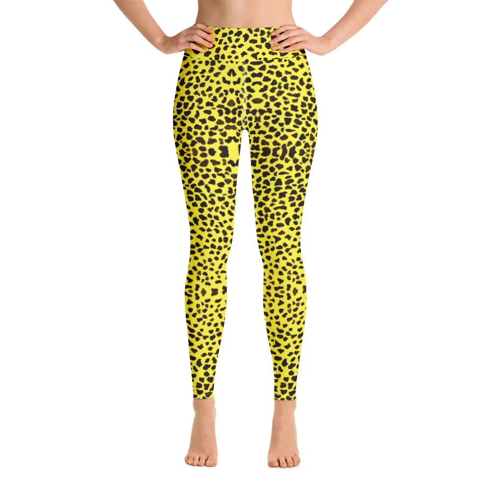 Yellow Cheetah Print Yoga Leggings, Luxury Designer Colorful Animal Print Women's Long Tights