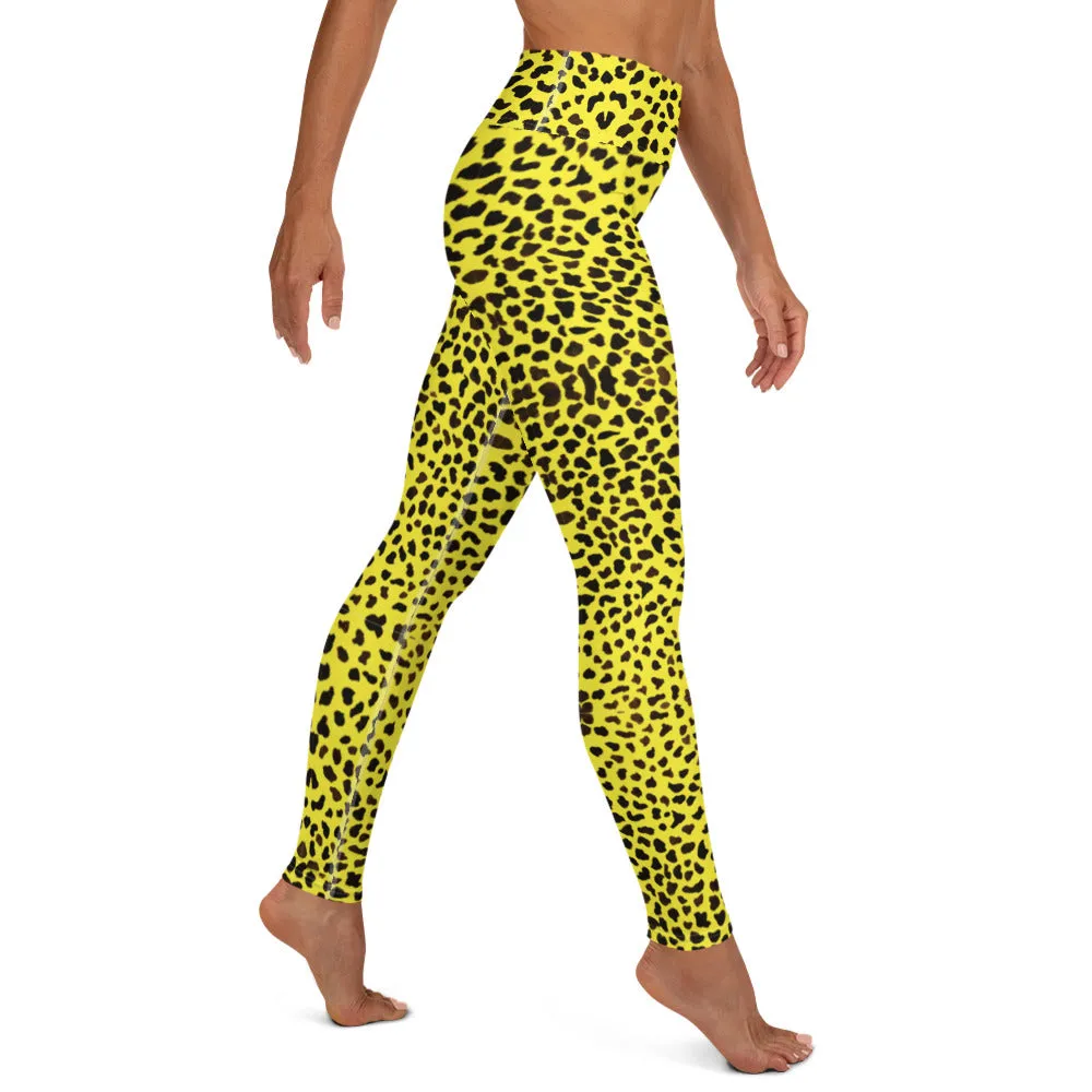 Yellow Cheetah Print Yoga Leggings, Luxury Designer Colorful Animal Print Women's Long Tights