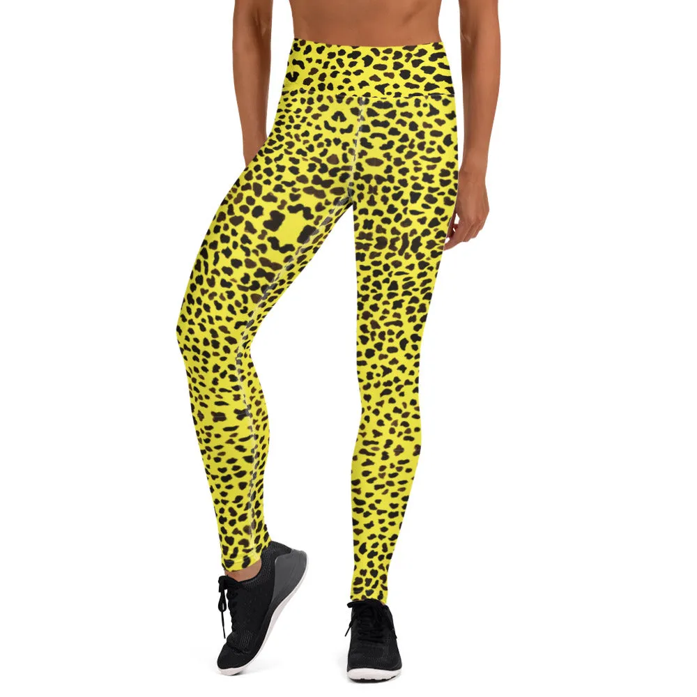 Yellow Cheetah Print Yoga Leggings, Luxury Designer Colorful Animal Print Women's Long Tights