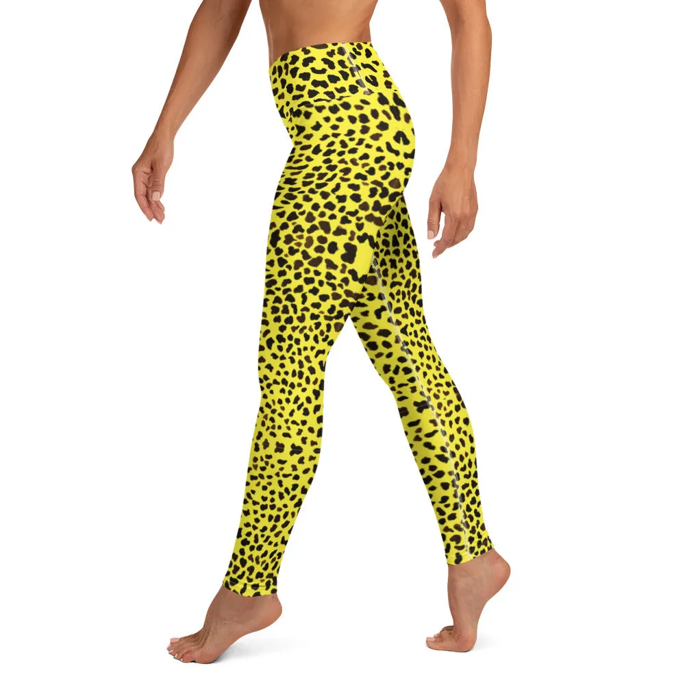 Yellow Cheetah Print Yoga Leggings, Luxury Designer Colorful Animal Print Women's Long Tights