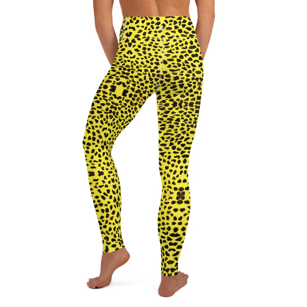 Yellow Cheetah Print Yoga Leggings, Luxury Designer Colorful Animal Print Women's Long Tights